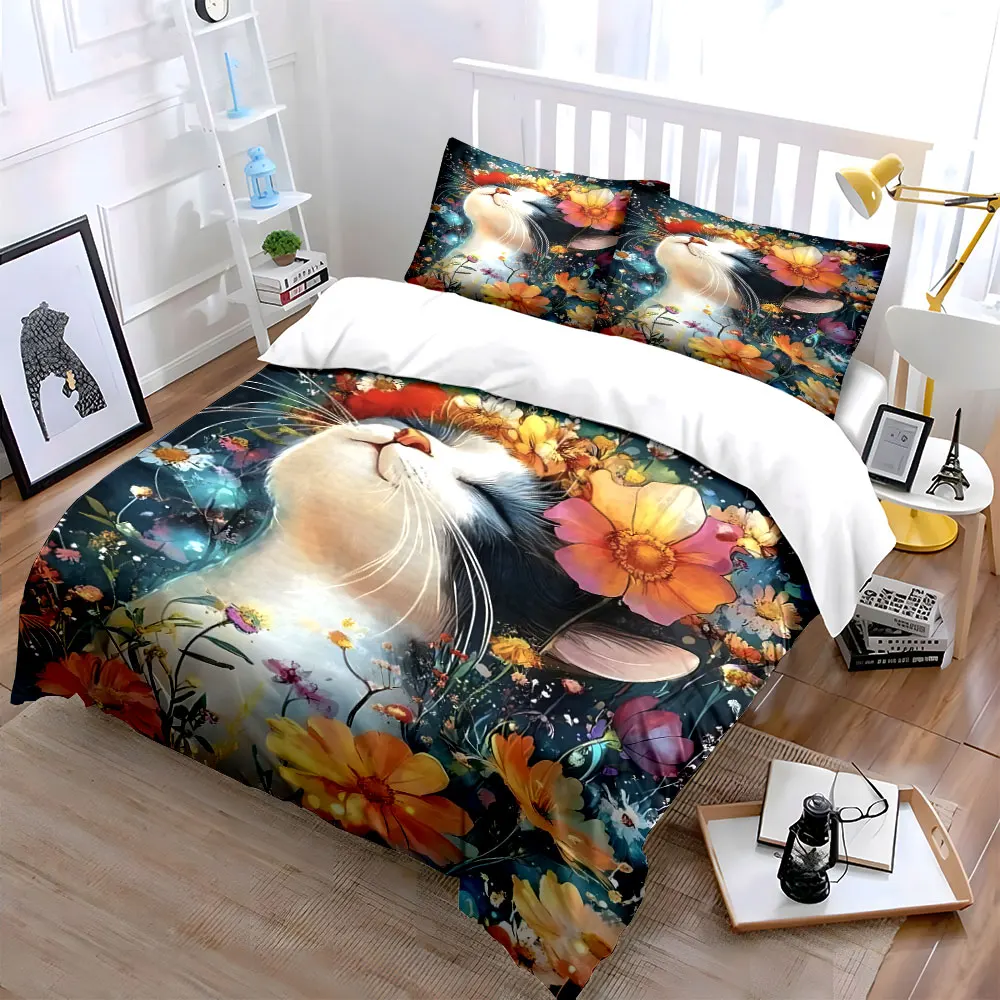 Cat basking in flowers Bedding Set for Kids Luxury Gift 3pcs Digital Print Comforter Set Soft Comfortable Breathable