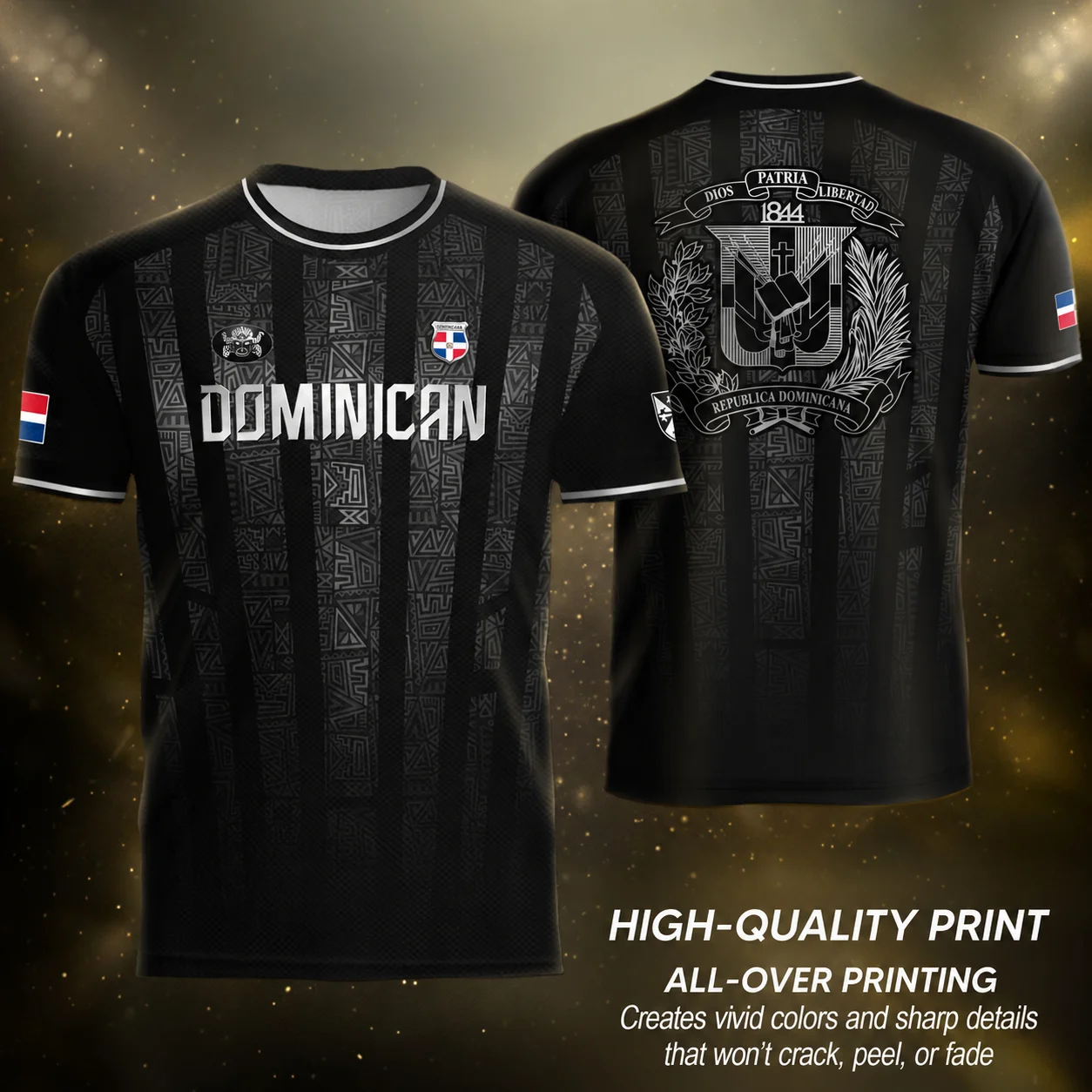 Dominican Republic Jersey for Men Black Gray Geometric Stripe Print Short Sleeve Crew Neck Sports T Shirt Casual Streetwear