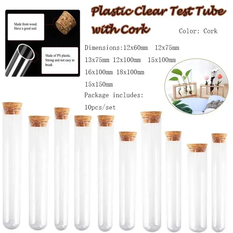 10pcs/set Transparent Plastic Test Tube with Cork Lid Cap U-shaped Bottom Long Transparent Test Tube Supplies Accessories