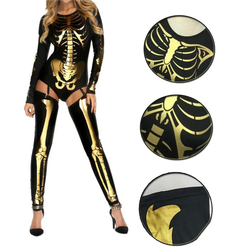 Halloween Women Long Sleeve Jumpsuit Set Skeleton Printing Round Collar Slim Bodysuit Costume Props for Cosplay Show Party