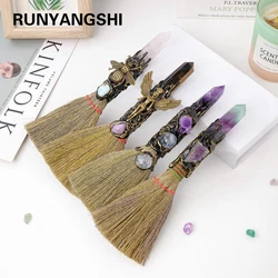 1PC Natural Crystal Magic Brooms Amethyst Point Craft Witch Broomstick Divination Energy Decoration