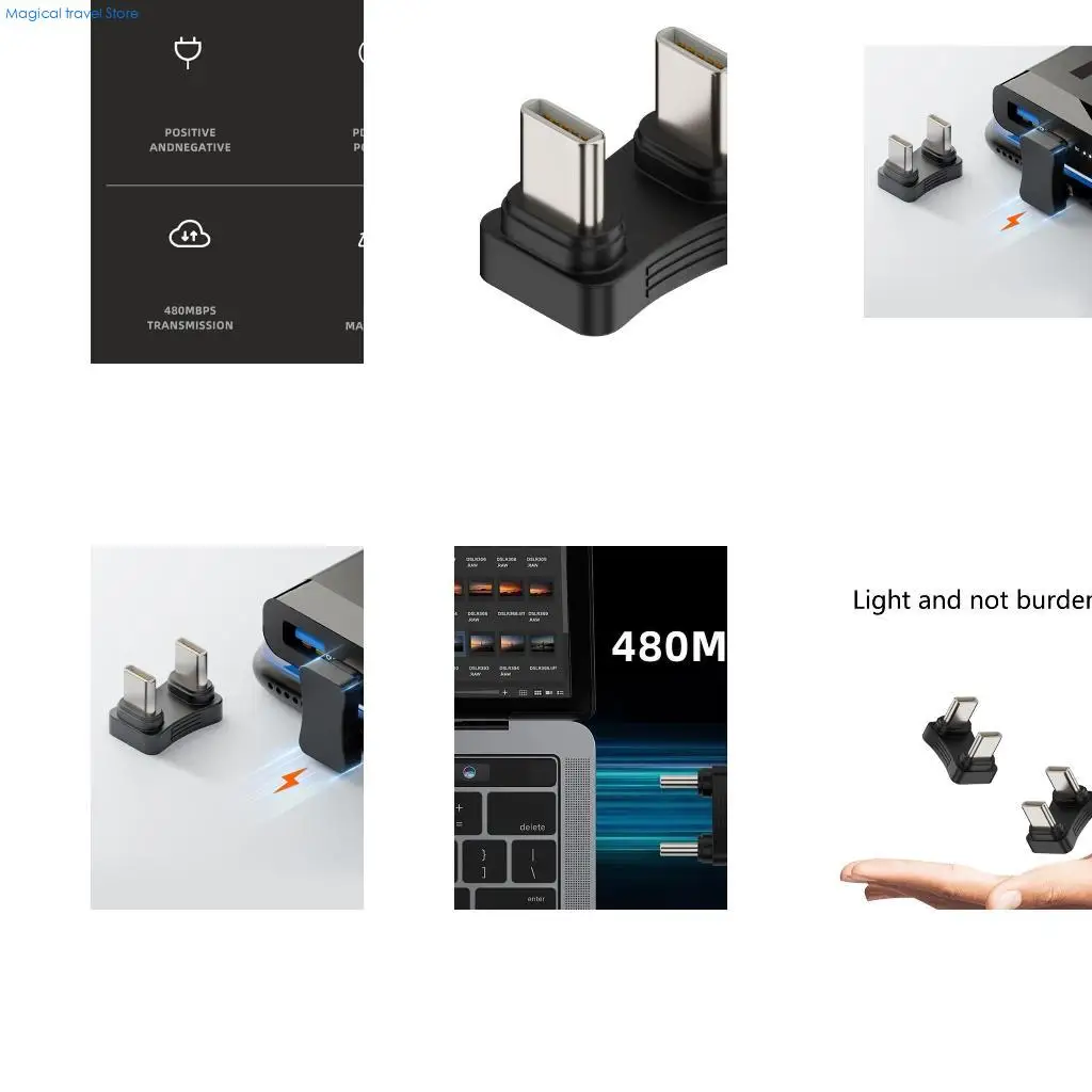 N2UB Type-C U Adapter, 180 Degree Elbow Type C Male to Male U-type Adapter 480Mbps for Laptop Tablet