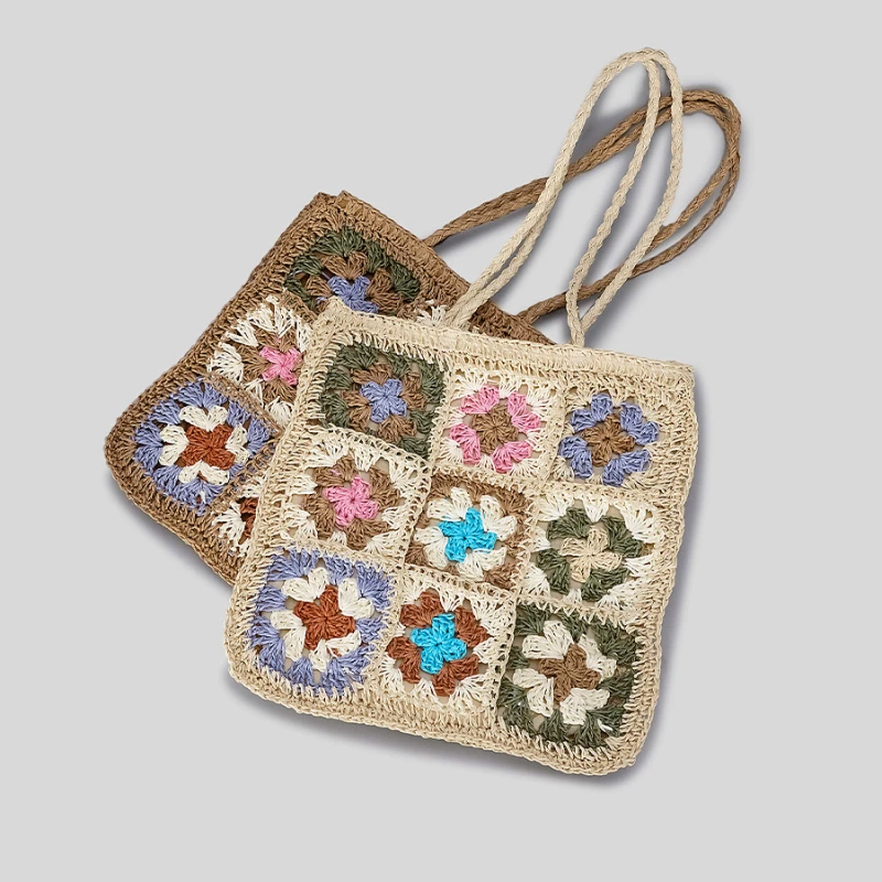 Vintage High Quality Hand-woven bags Large Capacity Straw Bag Ethnic Style Patchwork Flower Tote Large Capacity Shoulder Bag