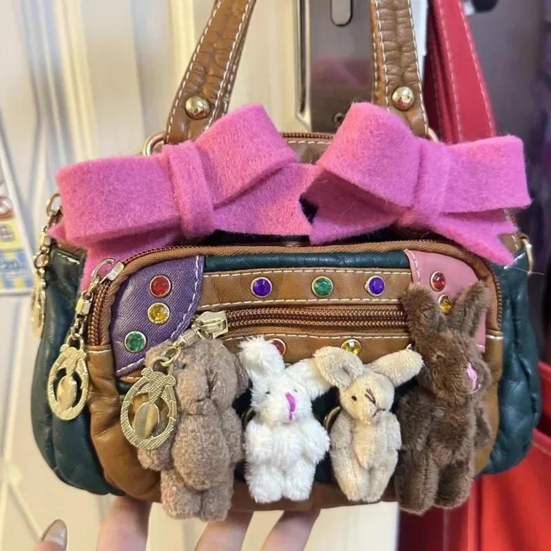 

2024 Bow Rabbit Handbag Green Creative Personalized Niche Cute Retro Mid Valley Bag Street Trend Shoulder Small Square Bag