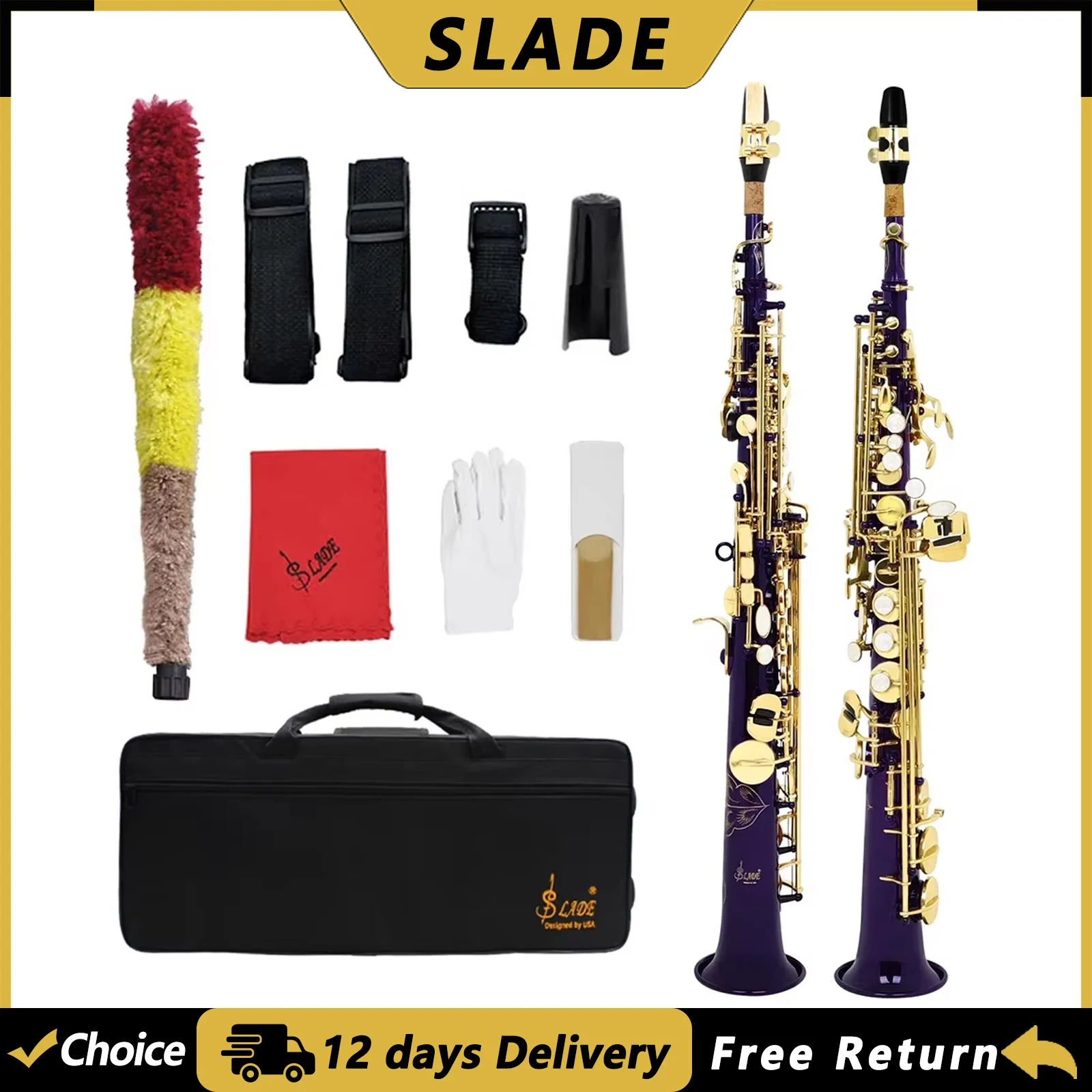 SLADE S83 Soprano Saxophone Brass Body Purple Bb Straight Sax Woowind Instrument Saxfone with Case Reeds Parts & Accessories