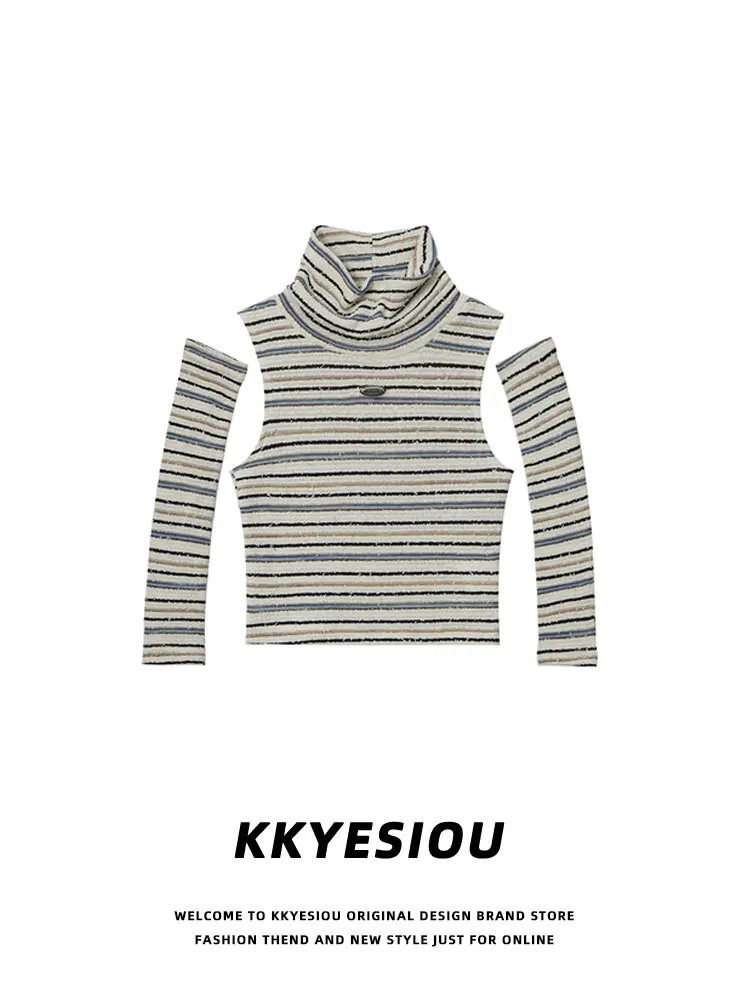 

KKyesiou Design Stripe BM Sle ort Knitted Top Women's Detachable Sve Sweet Spicy Girl Vest T-irt Street Faion Poly...