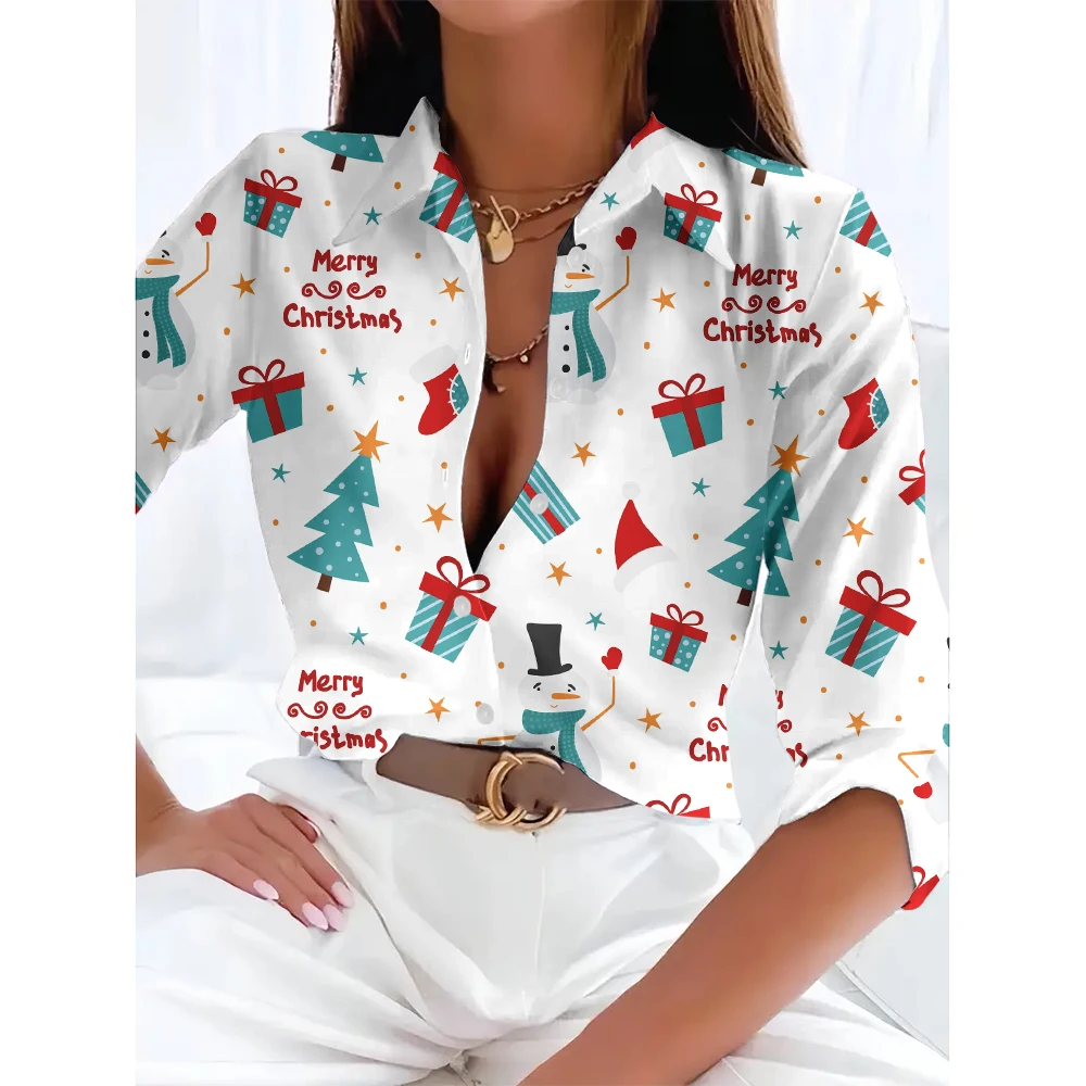 Autumn & Winter Fashion Christmas 3d Printed Long Sleeve Shirt & Blouse Elegant Button Long Sleeve Tops Oversized Lapel Shirts