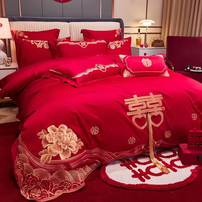 Golden Tassels Flowers Embroidery Bedding Sets Luxury Chinese Wedding Red Egyptian Cotton Duvet Cover Bed Sheet Pillowcases