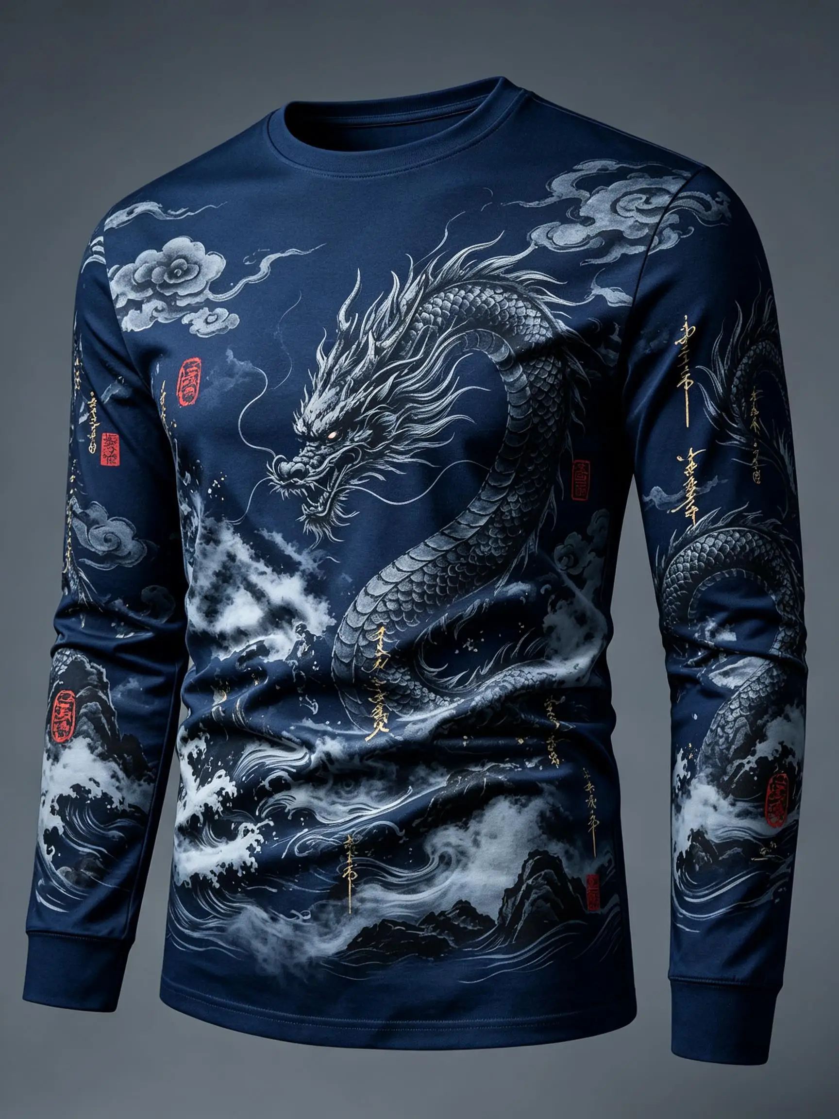 Mens Casual Long Sleeve T-shirt Wine Red Chinese Dragon Cloud Mountain Print Fashion Blouse