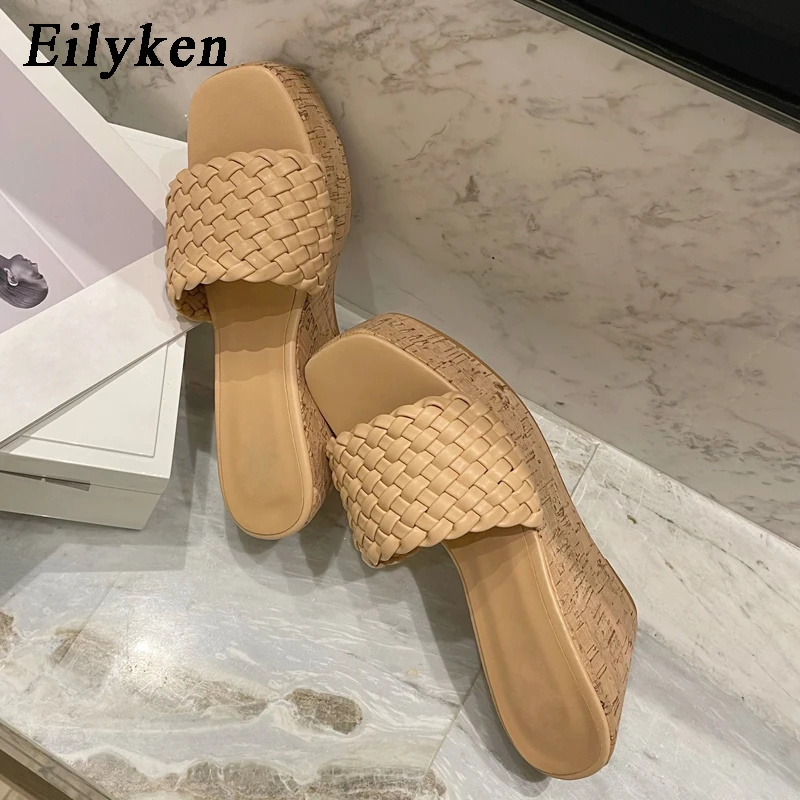 Eilyken New Wedges Weave Women Slippers Summer Super High Heels Shoes Sexy Platform Open Toe Wood Grain Ladies Sandals