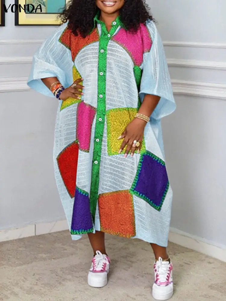 حجم كبير 5XL فوندا المرأة البوهيمي فستان طويل التلبيب 3/4 كم اللون المرقعة فساتين الحفلات عادية خمر رداء المتضخم #2