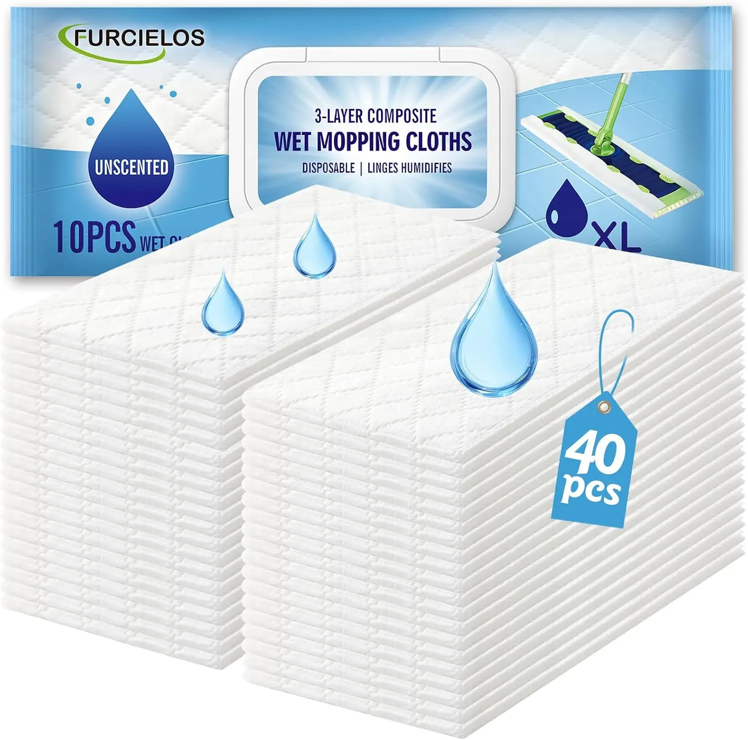 

XL Heavy Duty Wet Mopping Cloths Refill, 40 Count for Multi-Surface Floor Cleaning, Unscented Disposable Pads