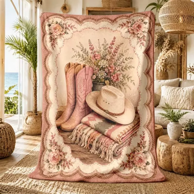 Western Cowboy Boots Hat Rose Floral Throw Blanket Vintage Border Soft Cozy Warm Blanket for Sofa Bed Room Daily Use