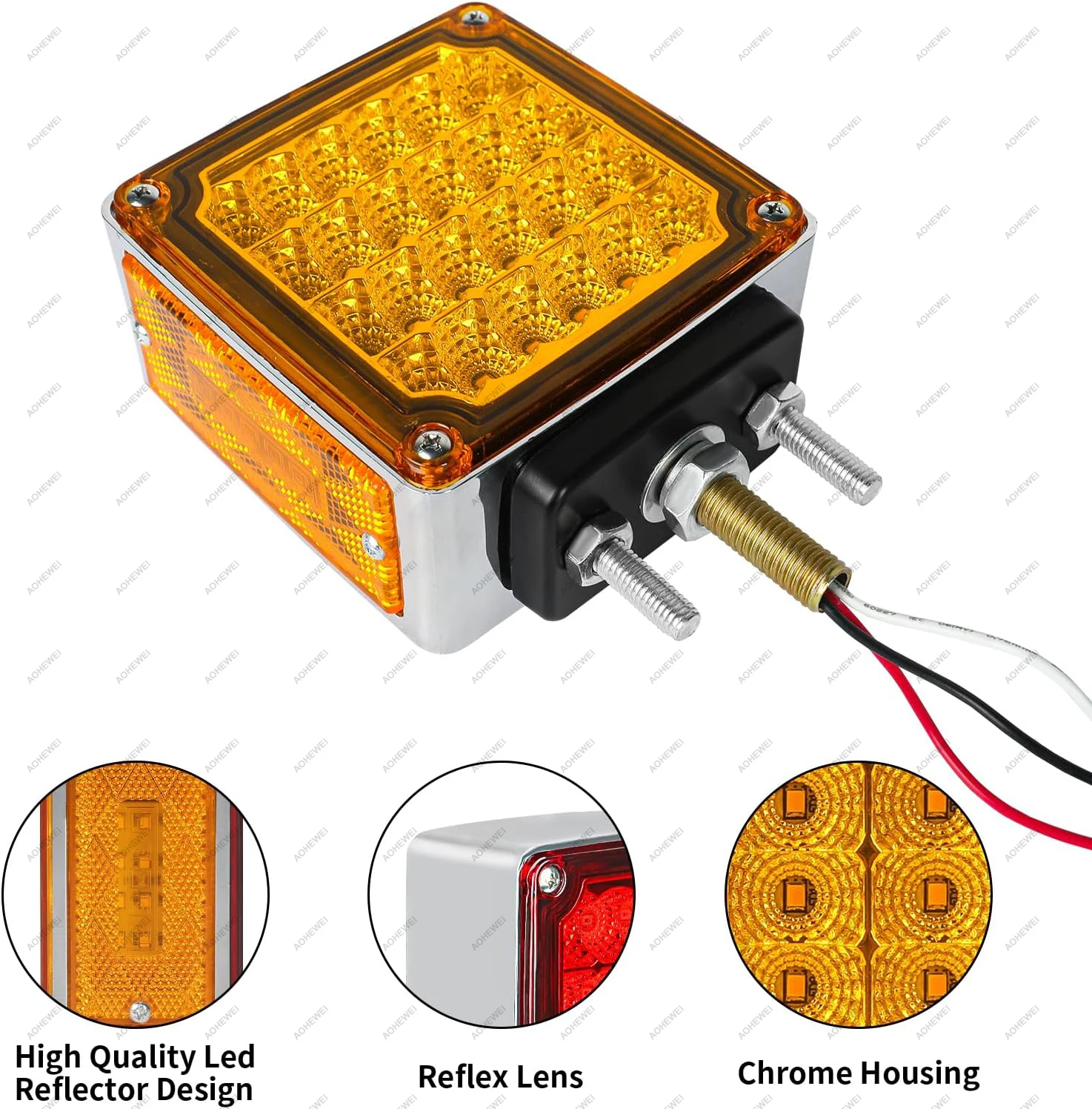 2PCS/set Square Double Face LED Turn Signal Lights Truck Fender Amber/Red Light with 3 Stud Mount IP65 Waterproof for Semi Truck