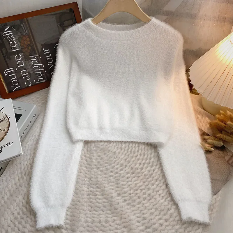 Thick Soft Faux Mink Fur O-Neck Sweater Women Suitable For Autumn Winter Base Layer Slim Long Sleeved sweater