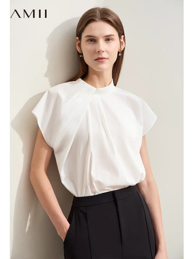 AMII Minimalist Women's Temperament Commuter Shirts Stand Collar Asymmetrical Pleated Wide Shoulder 2024 Summer Tops 12442206