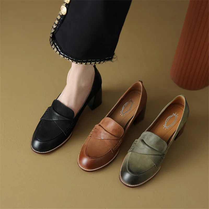 2024 New Spring Summer Sheepskin Women Shoes Round Toe Women Pumps French Retro High Heels Loafers Shoes for Women Ladies Shoes