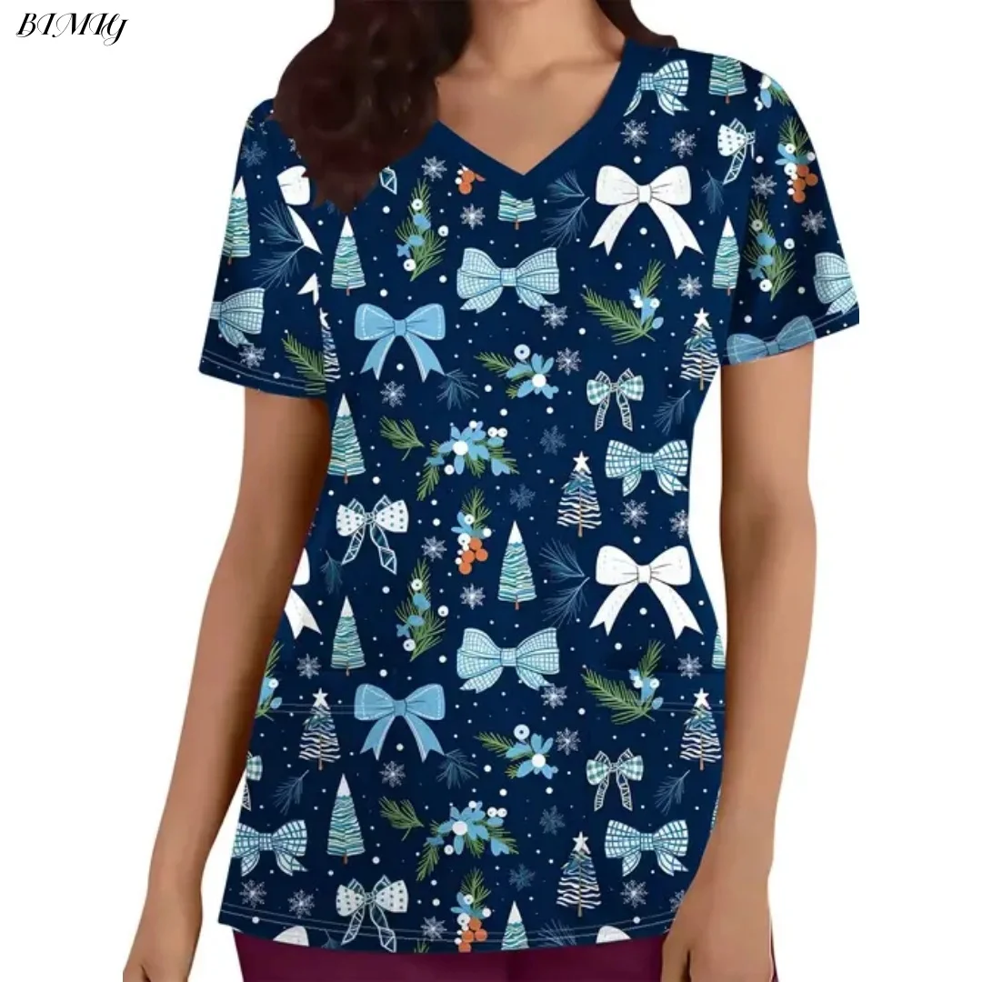 Uniforme d'infirmière de noël pour femmes, T-Shirt à manches courtes, imprimé père noël, flocons de neige, pain d'épices, col en v, poches supérieures, cadeau d'infirmière