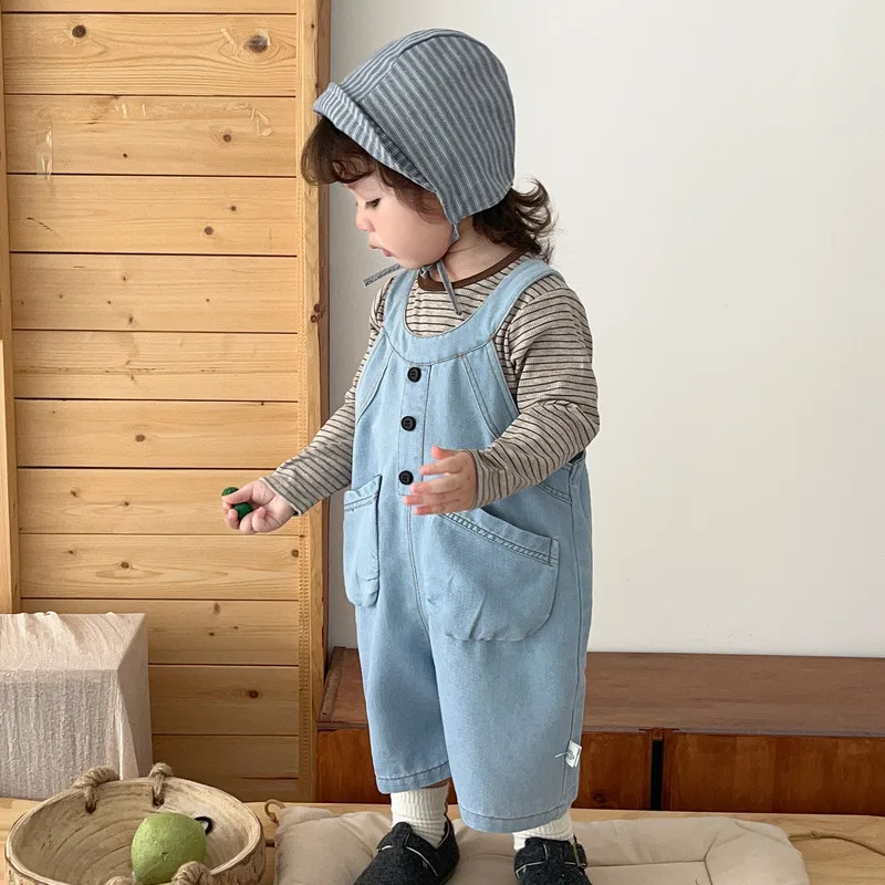 2026 Autumn New Baby Denim Overalls Girls Strap Trousers Boys Fashion Loose Casual Pants Solid Infant Toddler Clothes