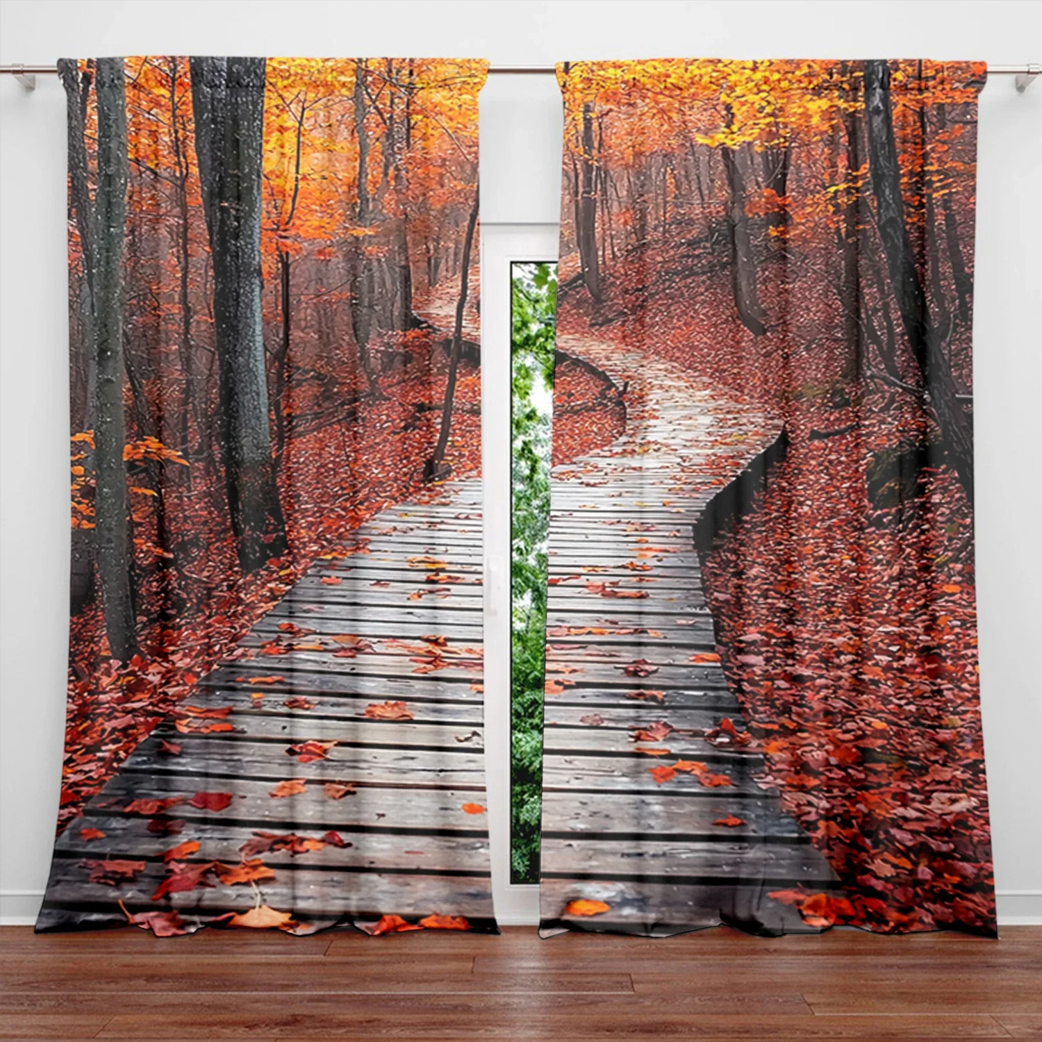 

2pcs Red Maple Forest Trail Printed Curtain for Home Decor - Rod Pocket Window Treatment for Bedroom, Office, Kitchen