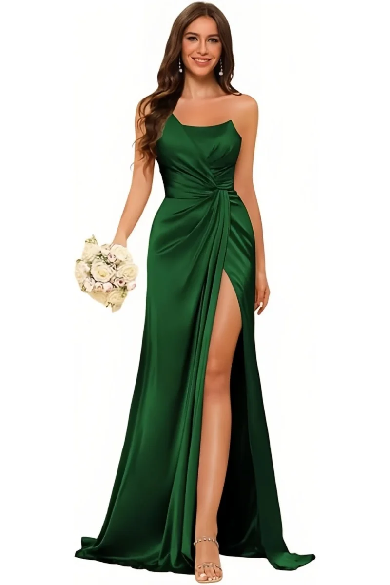Women's One Mermaid Satin Bridesmaid Dress with Slit Long Bodycon Formal Prom Dresses for Teens Guest Evening Gown image 3