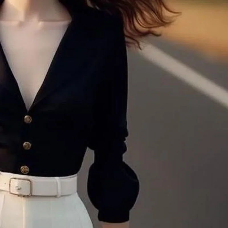 Nuova camicia francese in raso di fascia alta da donna primavera sexy scollo a V profondo manica a lanterna camicetta moda tinta unita top da donna da ufficio