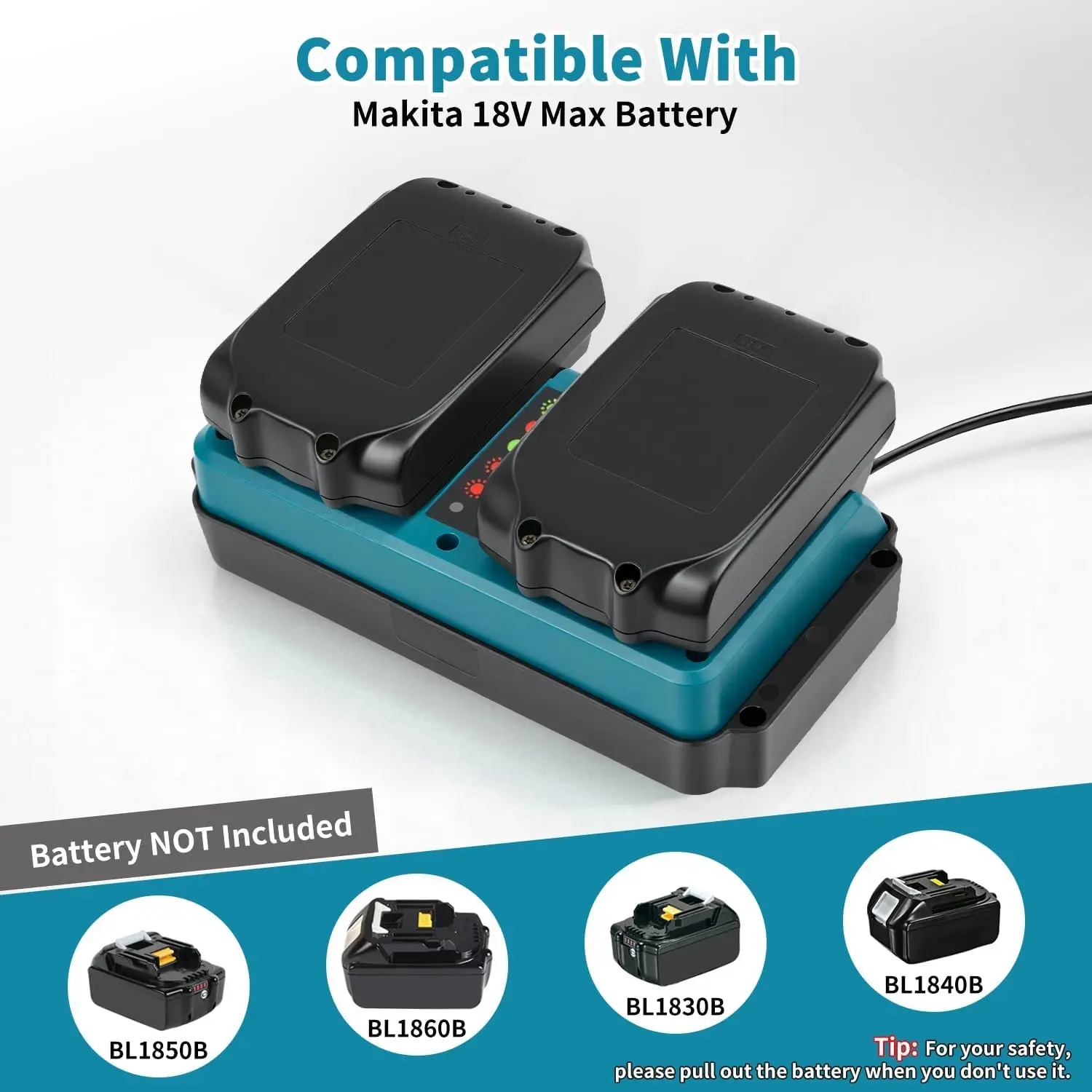 Dual Port Charger Replacement for Makita 18V Battery, 100-240V 20V 1.5A Output, Compatible with For Makita BL1850B BL1860B