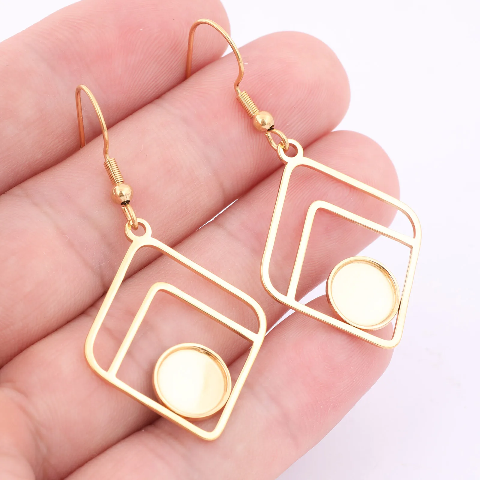 6pcs Stainless Steel Gold Plated Double Square Frame Earring Base Blanks Fit 9mm Cabochon Bezel Setting Trays Diy Hooks Findings