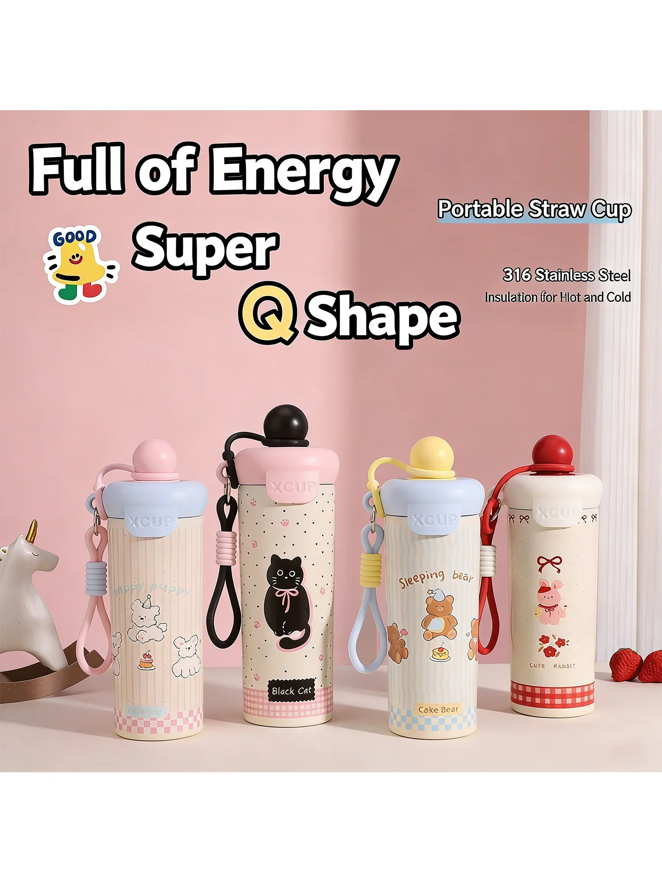

Cute High-Value 316 Insulated Mug New Floating Ball Straw Cup Portable Water Bottle for Boys and Girls