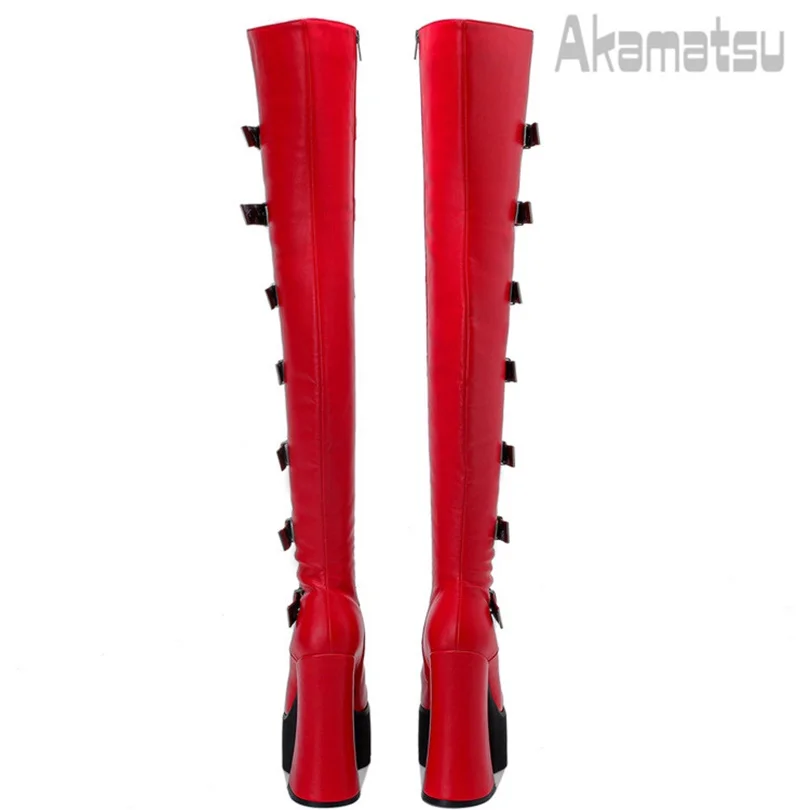 Lace-Up Metal Buckle Decoration Over-Knee Boots Leather Thick High-Heeled Platform Side Zipper Women\'s Shoes Large Size 40-43