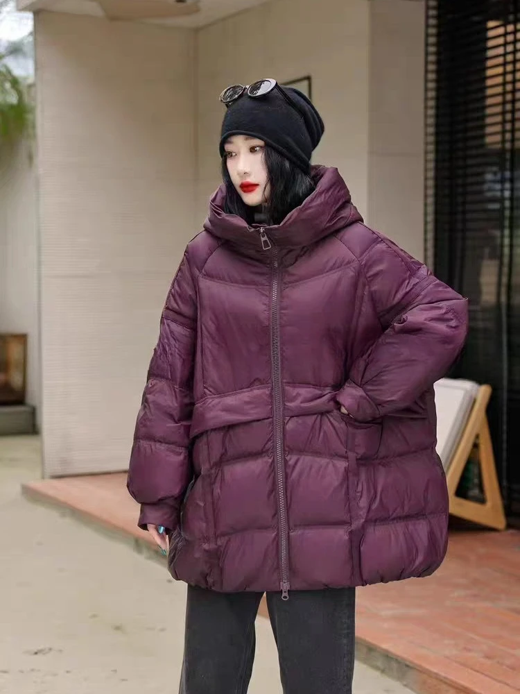 レディース90%ホワイトダックダウンジャケット 秋冬 フード付き 暖かい オーバーサイズ パファージャケット カジュアル ルーズ 厚手 パーカー アウター 2025年新作