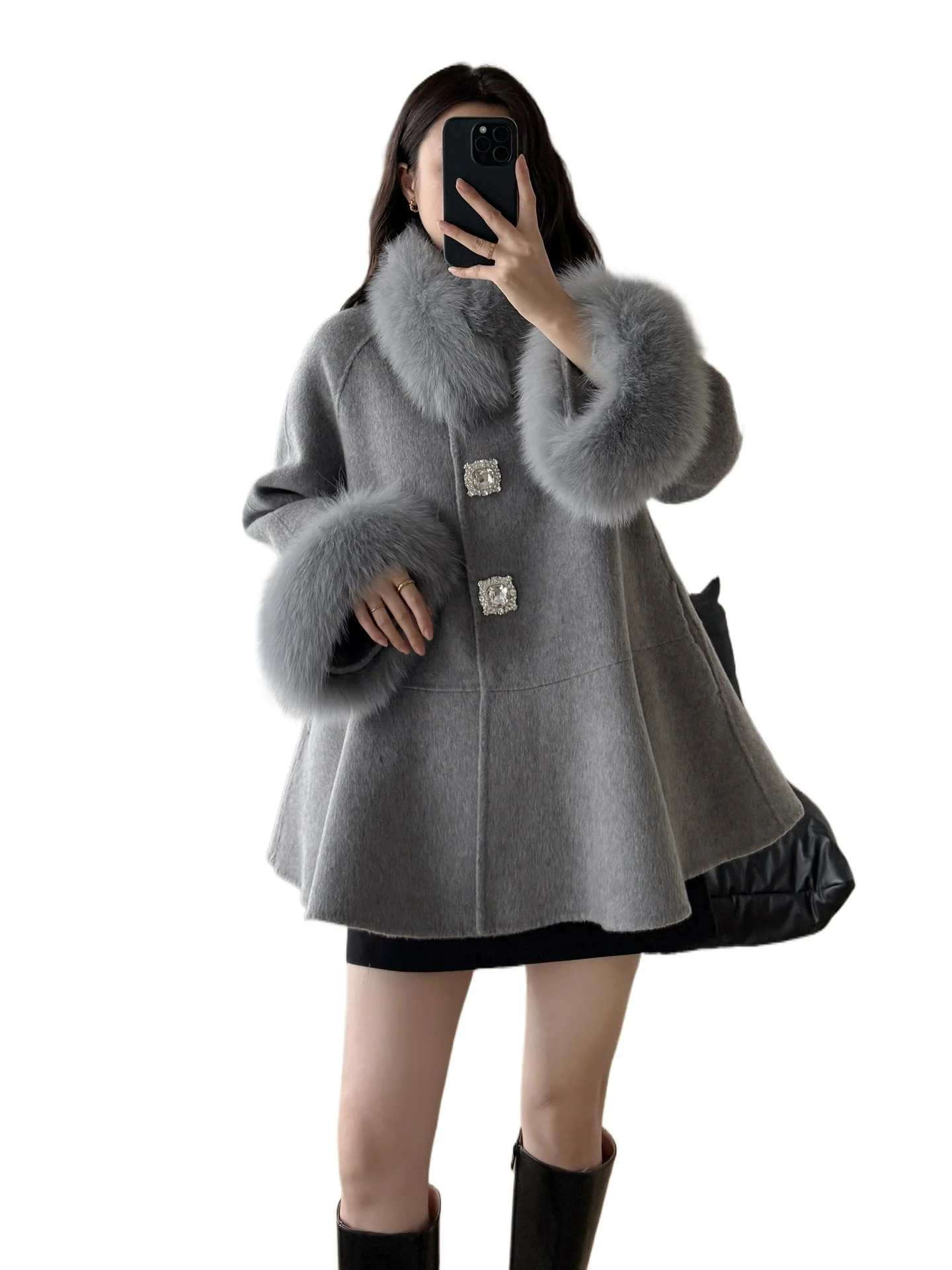 رداء رأس السنة 2025 شتاء جديد متوسط وطويل فرو الثعلب كم حجر الراين مشبك على الوجهين معطف صوفي معطف المرأة