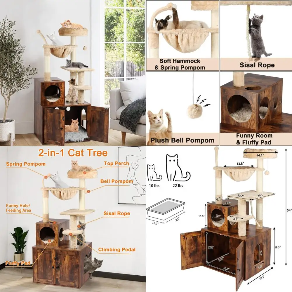 

Большая кошачья лежанка-башня 2-в-1 в деревенском стиле, коричневая, с отсеком для лотка, корзиной, когтеточками и помпонами