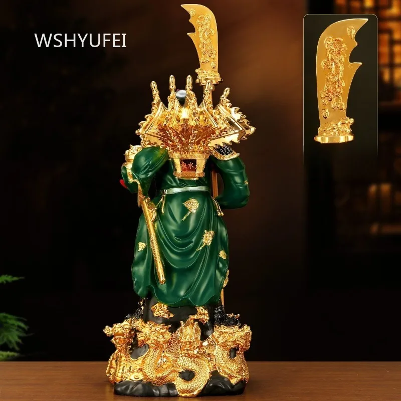 Traditional Chinese Guan Gong Statue Green Robe Warrior God Figurine with Golden Dragon Base and Halberd for Home Office Wealth