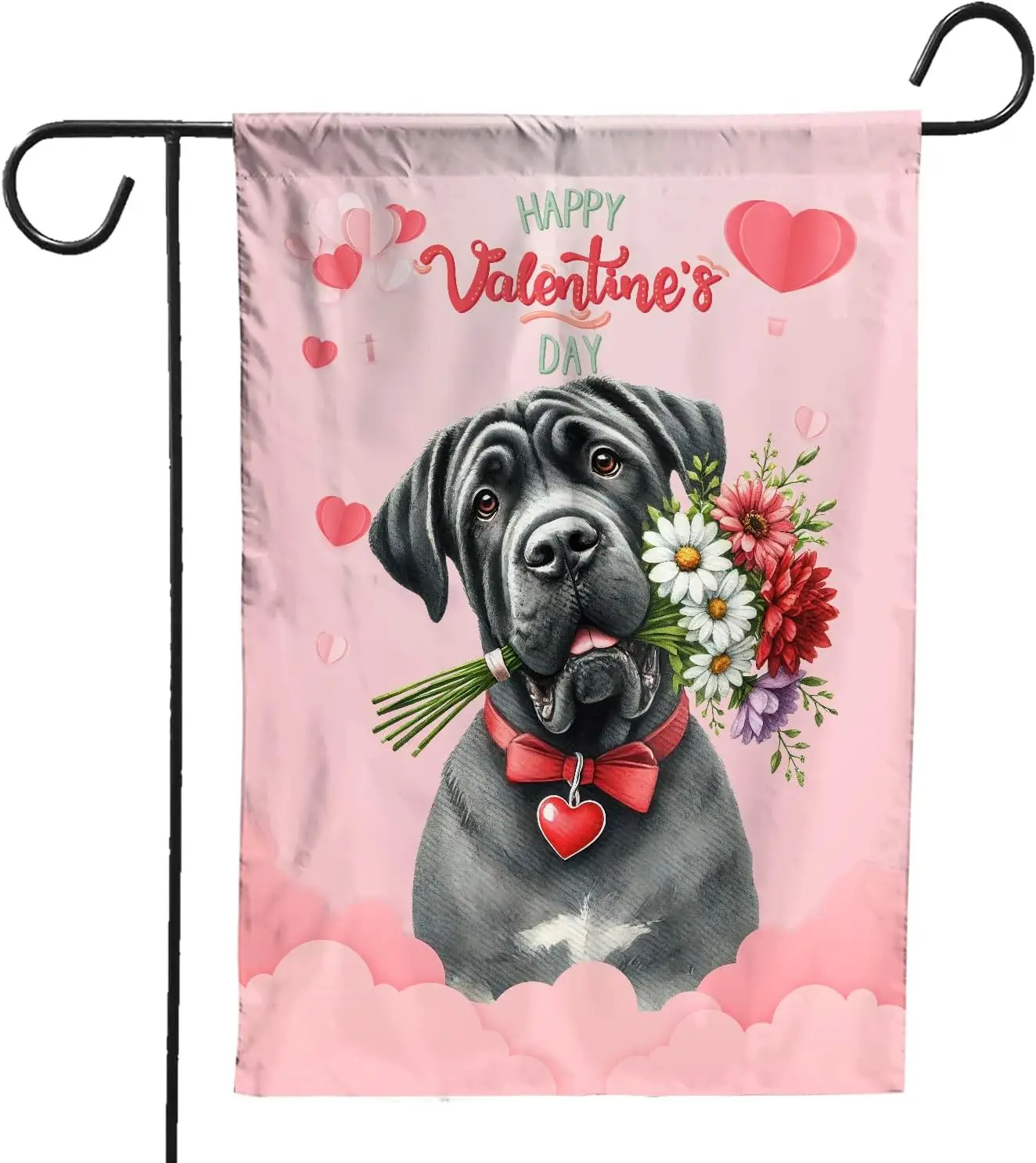 Happy Valentine's Day Cane Corso holding flowers Garden Flag 12x18in Double Sided Italian Mastiff Dog Lover Gifts Idea O IIX yyi