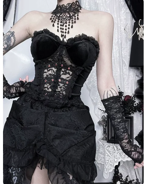 Personalized Subculture Elegant Lace Sexy High Waist A-line Irregular Long Skirt Dark Gothic Versatile Fashion Sleeveless Tops