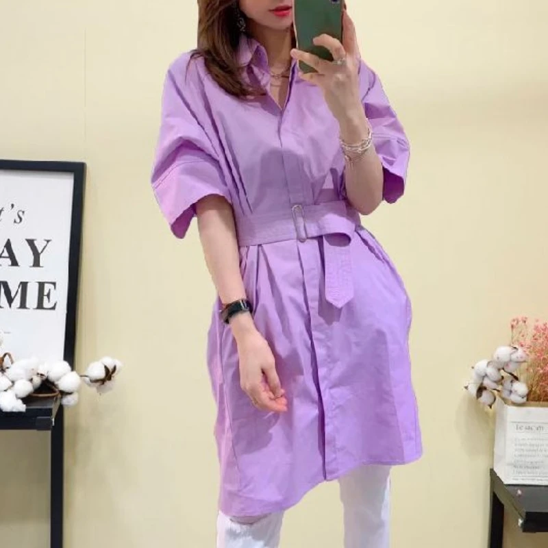 

2024 Summer New Fashion Polo Shirt Dress Slimming Waist Reducing Age Versatile Mid Length Dress with Belt Lining for Women