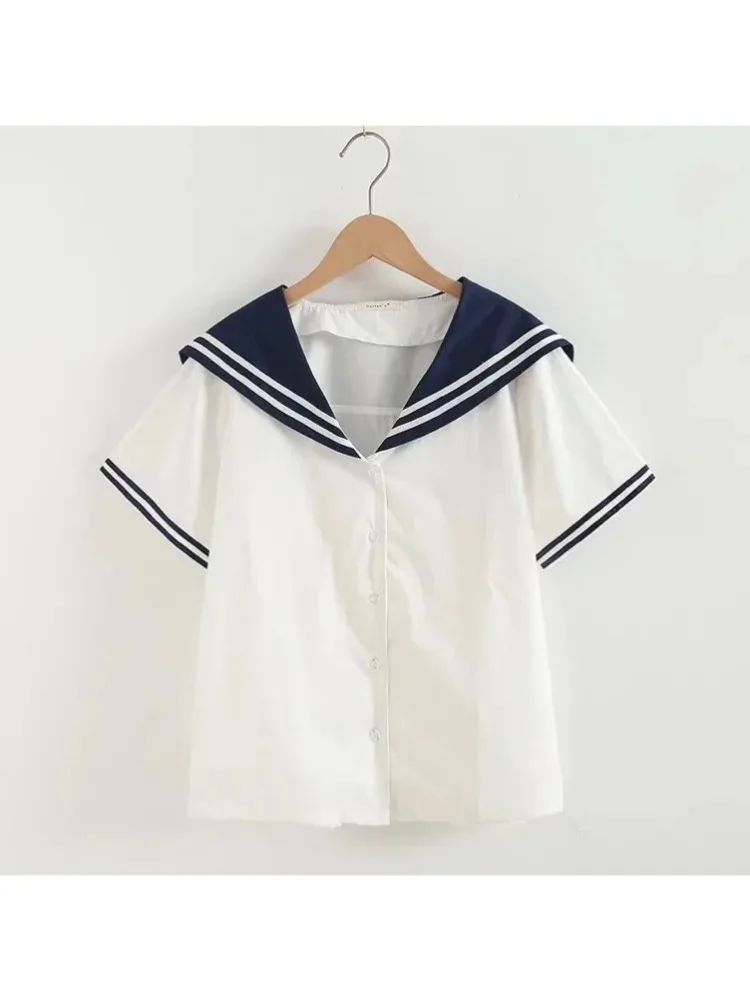 Merry Pretty High Quality Mori Girls Summer JK 100% Cotton Sailor Collar Short Sleeve White Navy Blue Blouses School Uniform Top