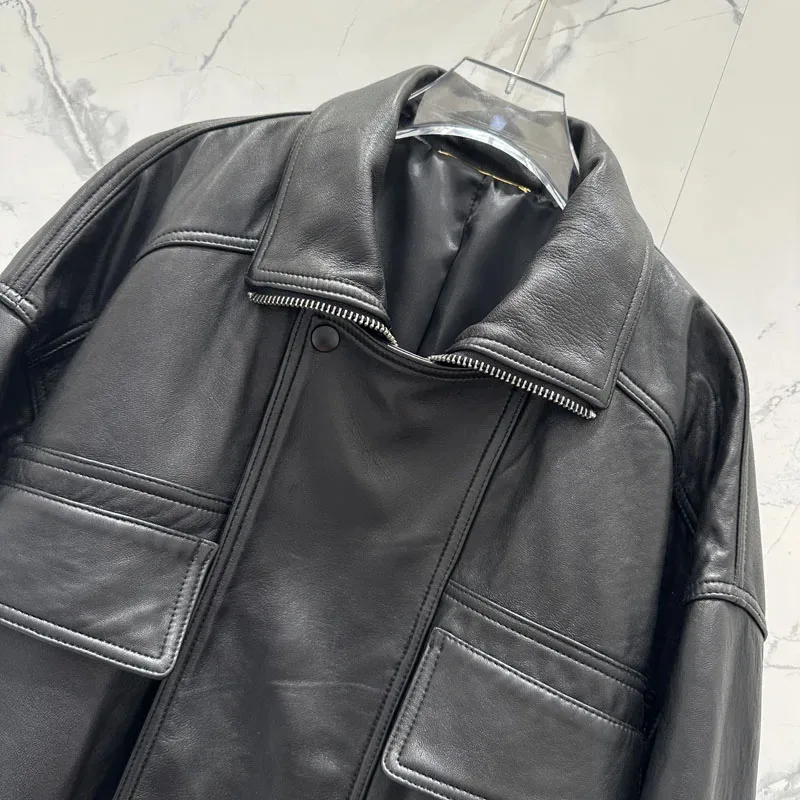 Genuine Leather Jacket Short Turn-Down Collar Clothes Drop Shoulder Sleeves Casual Style Women Coat Spring Autumn