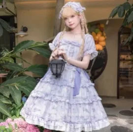 Estilo japonés novedad de verano mujer Lolita púrpura de manga corta de cintura alta ajustado elegante medio abierto cuello arco A-line vestido