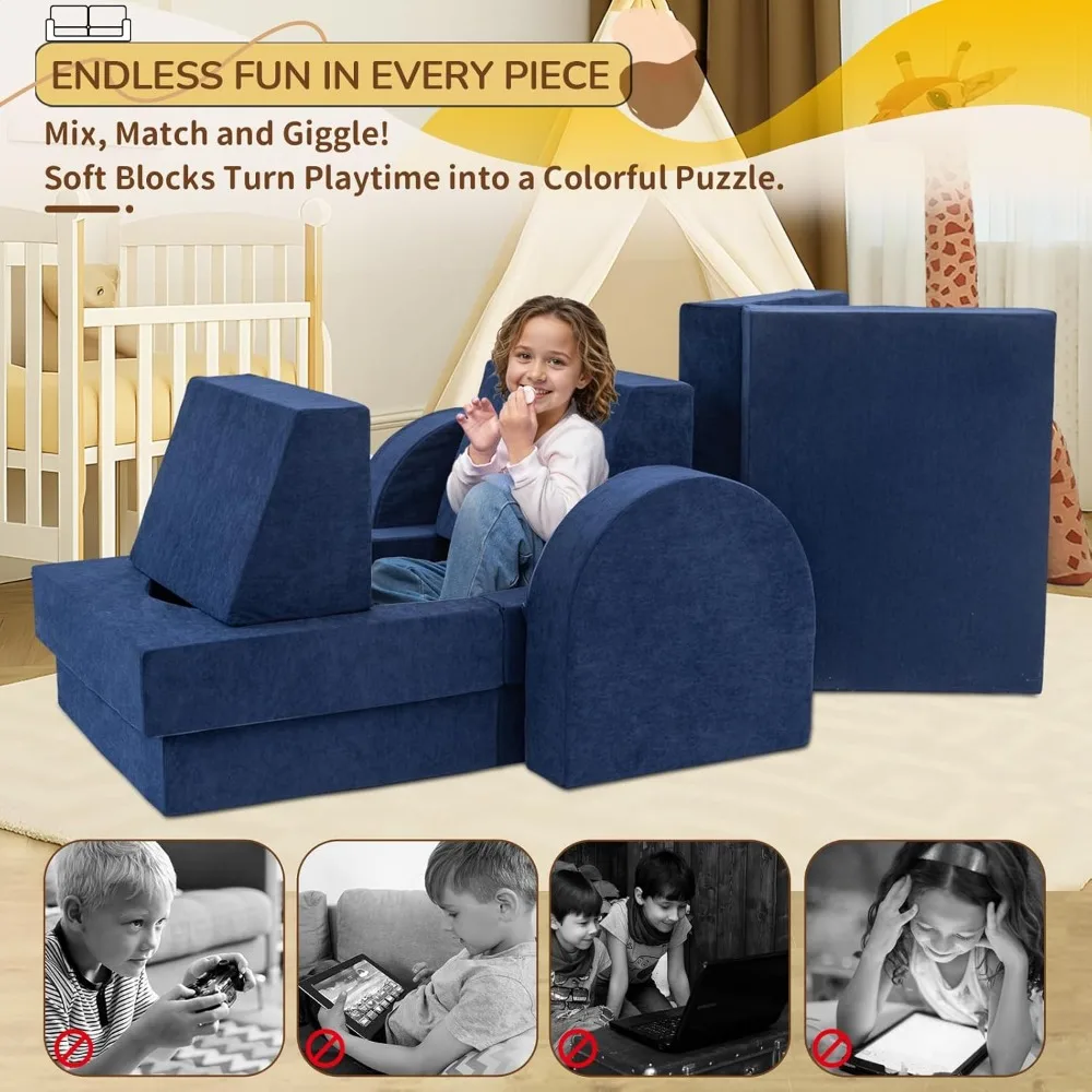أريكة لعب للأطفال من الفوم متعددة الوظائف لغرفة اللعب وغرفة النوم، فورت بناء أريكة معيارية مكون من 10 قطع للأولاد، فو مثالي للأطفال