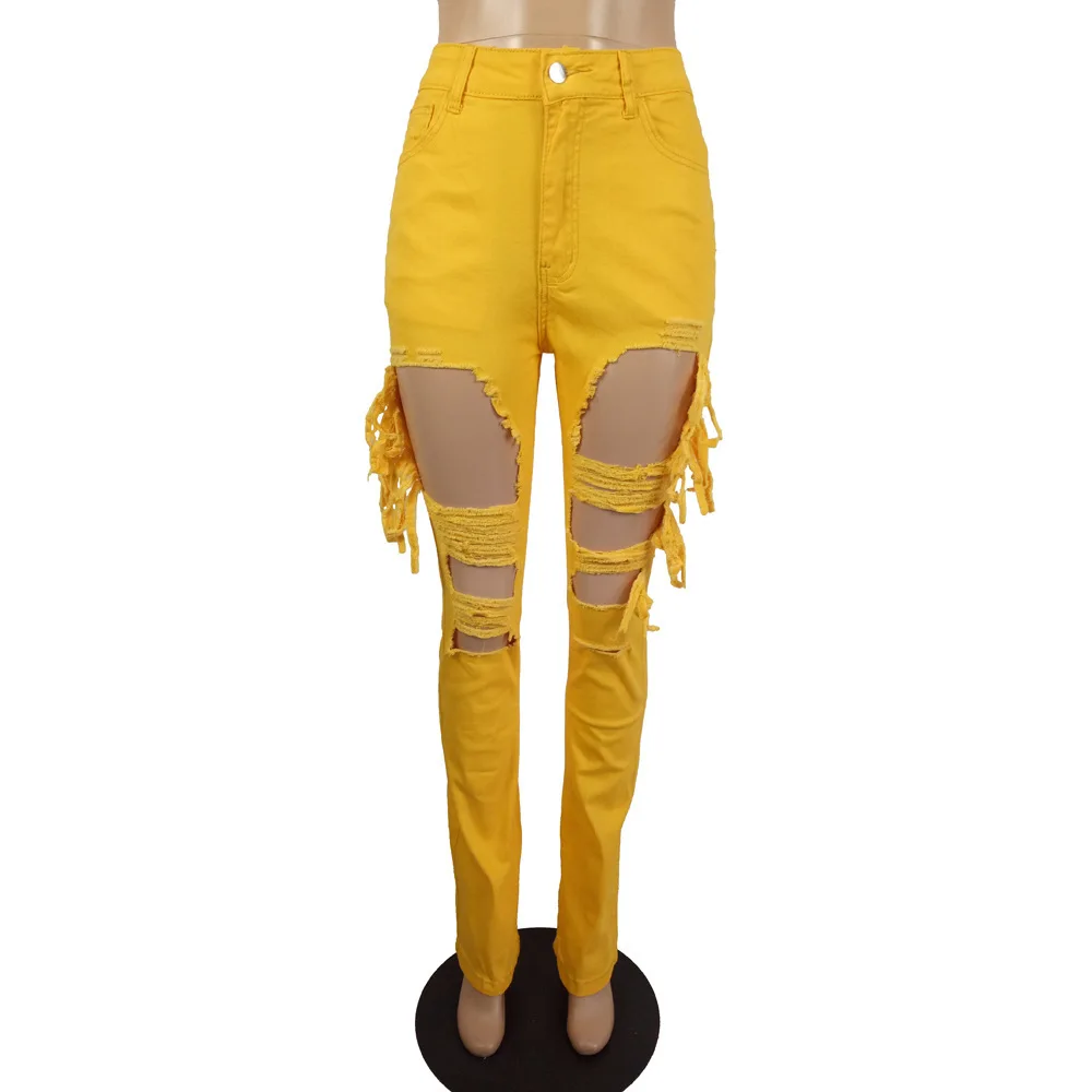 Red yellow Big Hole Hollow Plus Size Jean Women High Waist Side Tassel Patchwork Flare Pant Streetwear Bell Bottom Denim Capris