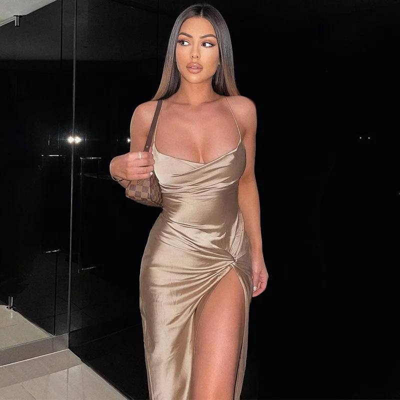 

Women's Slim Fit Lace up Split Dress Open Back Midi Dress Sleeveless Choker Neck Long Dress mid Waist Other Material 100%