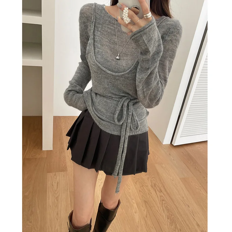 

Womens Top Spring Autumn New Korean Edition Versatile Knitted Small Strap Splicing Long Sleeve Bottom Shirt Casual Fashion Daily