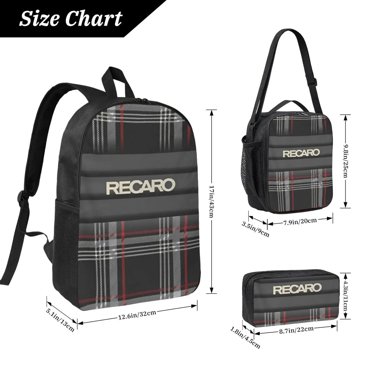 Tartan Plaid Recaros Backpack Student Boys Girls BookBag School Bag Computer Shoulder Bags 3ps Insulated Lunch Bag Pencil Case view 2