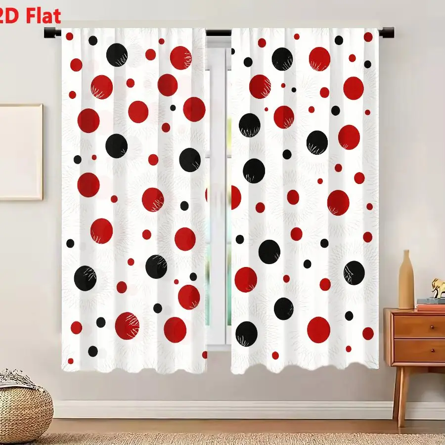 2Pcs Curtains 2D Flat Abstract Red And Black Circles With Gray Radiating Lines Symmetrical Decorative Pattern Whimsical Psychede