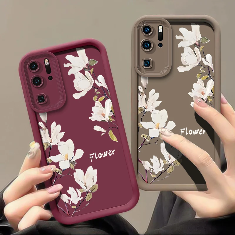 White Flowers Case For Huawei P30 P50 P20 P40 Pro Lite P Smart Pro Shockproof Silicone Camera Lens Protection Soft Phone Cover