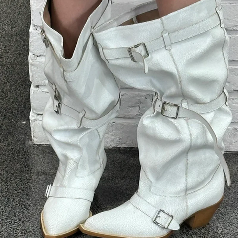 Belts Buckle Shoes for Womens Pointed Toes Pleated Chunky High Heels Sewing Lines Female Mid Calf Boots Solid Zapatos De Mujer