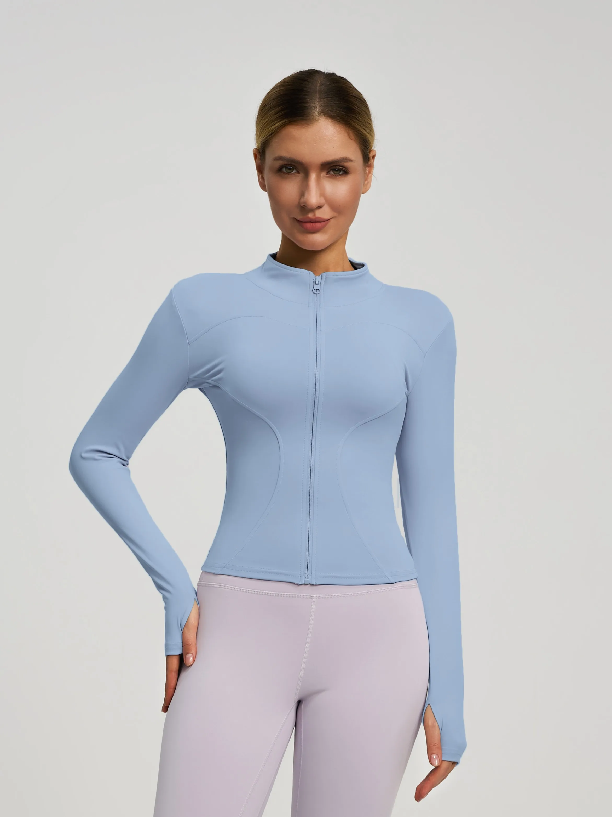 Women's Long Sleeve Zip-Up Athletic Jacket - Lightweight, Breathable Workout Top with Thumb Holes