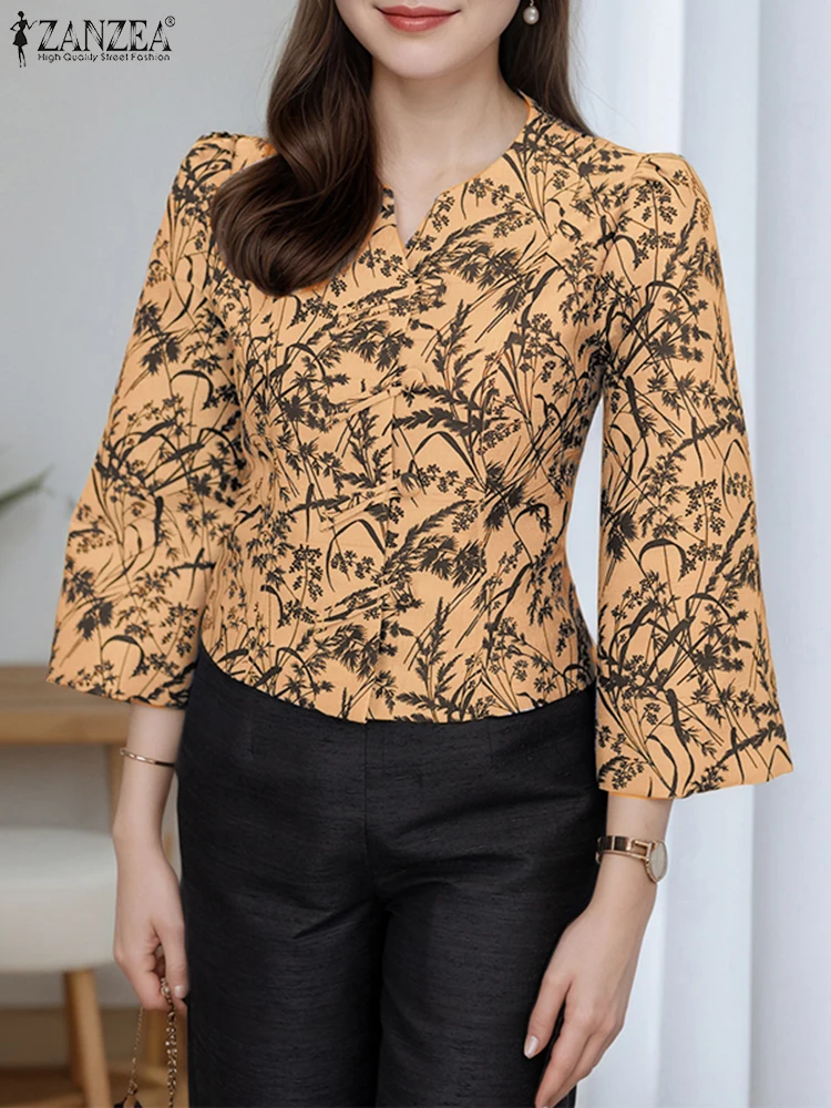 

ZANZEA Elegant Office Lady Shirts Women Puff Sleeve Printed Blouses 2025 Autumn Casual V-Neck Loose Tunic Tops Loose Blusas Tees